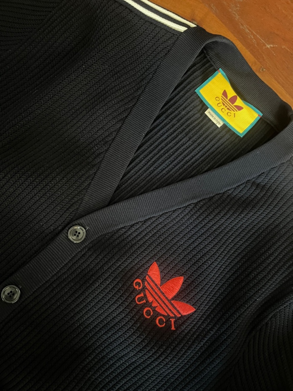 Gucci x Adidas Navy Cardigan with Red & Green Hem and White Shoulder Stripes - Picture 7 of 11